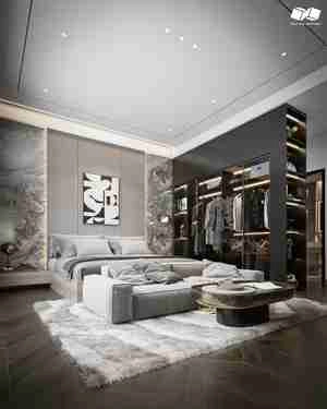 طراحی اتاق خواب با کمد دیواری مشکی و تخت سفید