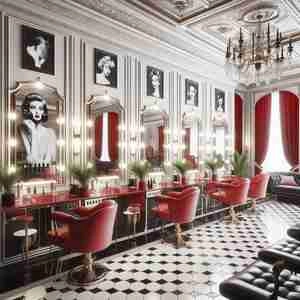 طراحی سالن زیبای آرایشگاه زنانه با تم کلاسیک قرمز مشکی