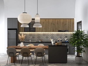 طراحی داخلی نشیمن و آشپزخانه و تراس کوچک برای اسکچاپ