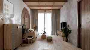 طراحی فضای داخلی نشیمن و آشپزخانه به سبک بوهیمین برای اسکچاپ