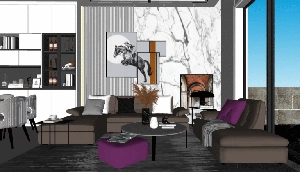 طراحی داخلی فضای نشیمن و آشپزخانه مدرن برای اسکچاپ