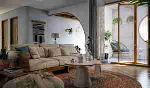 طراحی داخلی نشیمن و آشپزخانه مدرن و مینیمال برای اسکچاپ