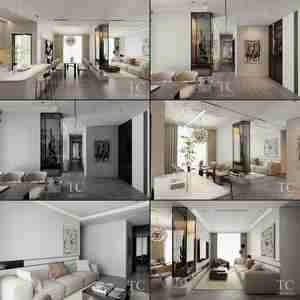 طراحی داخلی نشیمن و آشپزخانه لوکس و مدرن برای اسکچاپ