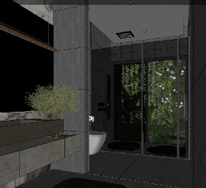 طراحی داخلی فضای حمام و سرویس بهداشتی مدرن با تم مشکی برای اسکچاپ