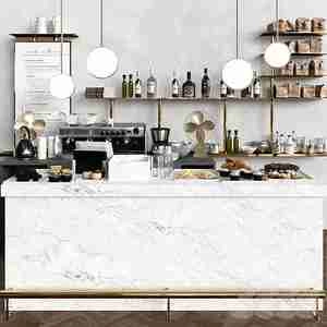 یک کافه مدرن با پیشخوان مرمری A modern cafe with a marble counter and desserts