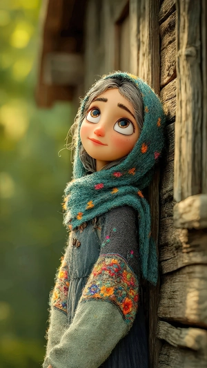 دختر روستایی تکیه داده به خانه چوبی