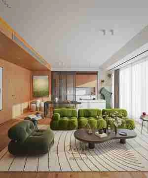 طراحی داخلی نشیمن و آشپزخانه با ترکیب رنگ سبز و چوب برای اسکچاپ