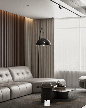 طراحی فضای نشیمن و آشپزخانه لوکس با تم رنگی دودی تیره