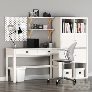 محل کار IKEA HEMNES و قفسه KALLAX با صندلی چرخدار FRITZHANSEN N02