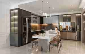 فضای داخلی آشپزخانه و نشیمن مدرن برای اسکچاپ