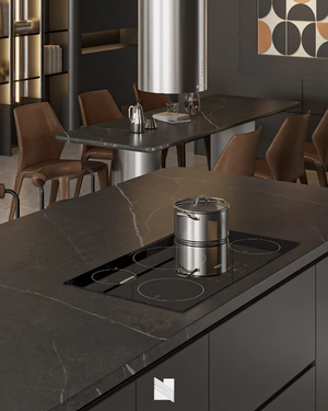 طراحی فضای نشیمن و آشپزخانه لوکس با تم رنگی دودی تیره