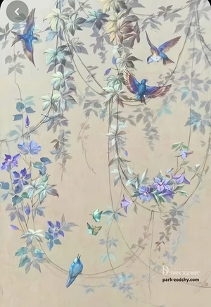 نقاشی باغ گیاهان و پرنده با تم آبی