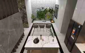 طراحی نشیمن و آشپزخانه لوکس و مدرن با تلفیقی از سنگ و چوب برای اسکچاپ