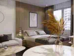 طراحی داخلی اتاق خواب مدرن همراه با مبل و میز برای اسکچاپ