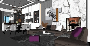 طراحی داخلی فضای نشیمن و آشپزخانه مدرن برای اسکچاپ