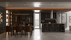 طراحی فضای نشیمن و آشپزخانه لوکس با تم رنگی دودی تیره