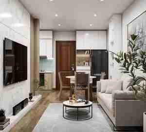 طراحی داخلی آشپزخانه و نشیمن مینیمال و کوچک تم کرم و سفید 98 برای اسکچاپ