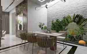 طراحی نشیمن و آشپزخانه لوکس و مدرن با تلفیقی از سنگ و چوب برای اسکچاپ