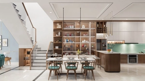 طراحی داخلی فضای نشیمن و آشپزخانه مدرن برای اسکچاپ