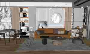 طراحی داخلی فضای نشیمن و آشپزخانه مدرن و لوکس برای اسکچاپ