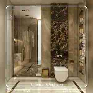 طراحی سرویس بهداشتی لوکس با ترکیب سنگ و ورق طلا
