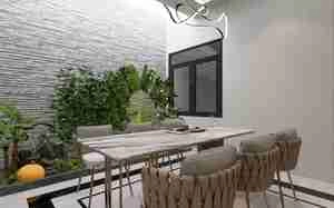 طراحی نشیمن و آشپزخانه لوکس و مدرن با تلفیقی از سنگ و چوب برای اسکچاپ