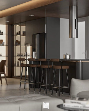 طراحی فضای نشیمن و آشپزخانه لوکس با تم رنگی دودی تیره