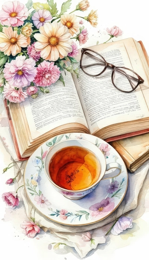نقاشی فنجان و کتاب و عینک