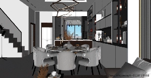 طراحی داخلی فضای نشیمن و آشپزخانه مدرن برای اسکچاپ