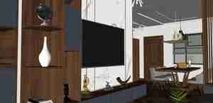 طراحی داخلی فضای نشیمن با تم چوب برای اسکچاپ