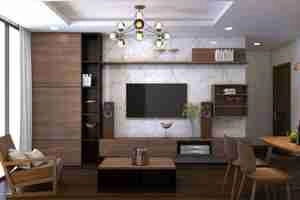 فضای زندگی مدرن تلفیقی از آشپزخانه، ناهارخوری و نشیمن برای اسکچاپ