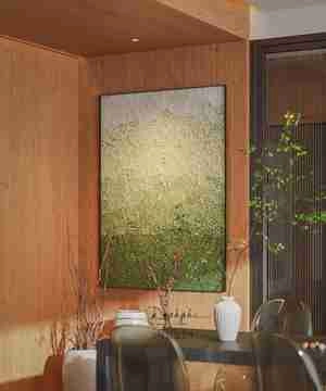 طراحی داخلی نشیمن و آشپزخانه با ترکیب رنگ سبز و چوب برای اسکچاپ