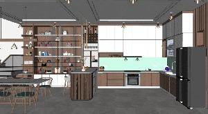 طراحی داخلی فضای نشیمن و آشپزخانه مدرن برای اسکچاپ