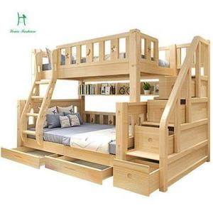 تخت خواب نوجوان چوب دو طبقه ای با پله های کشوی