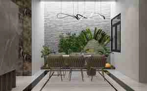 طراحی نشیمن و آشپزخانه لوکس و مدرن با تلفیقی از سنگ و چوب برای اسکچاپ