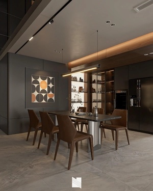 طراحی فضای نشیمن و آشپزخانه لوکس با تم رنگی دودی تیره