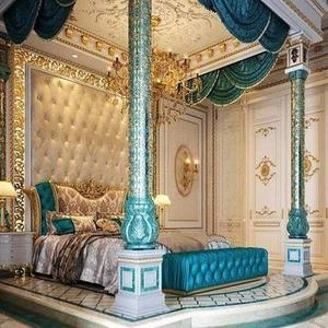 اتاق خواب کلاسیک با رنگ فیروزه ای و طلائی