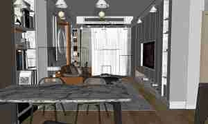 طراحی داخلی فضای نشیمن و آشپزخانه مدرن و لوکس برای اسکچاپ