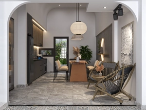 طراحی داخلی نشیمن و آشپزخانه و تراس کوچک برای اسکچاپ