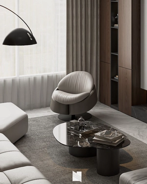 طراحی فضای نشیمن و آشپزخانه لوکس با تم رنگی دودی تیره