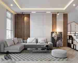 طراحی  داخلی نشیمن و آشپزخانه مدرن در کنار پله برای اسکچاپ