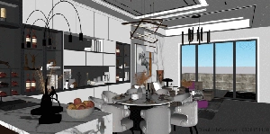 طراحی داخلی فضای نشیمن و آشپزخانه مدرن برای اسکچاپ