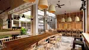 طراحی داخلی کافی شاپ با فضای سبز برای اسکچاپ