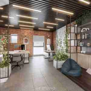 مدلینگ آماده رندر فضای داخلی دفتر کار برای اسکچاپ با تم طراح مدرن بتنی و آجر