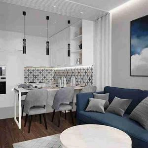 طراحی داخلی یک واحد آپارتمان با تم رنگی آبی و سفید