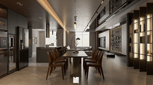 طراحی فضای نشیمن و آشپزخانه لوکس با تم رنگی دودی تیره