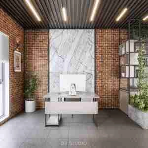 مدلینگ آماده رندر فضای داخلی دفتر کار برای اسکچاپ با تم طراح مدرن بتنی و آجر