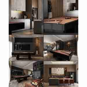 طراحی داخلی اتاق بیلیاررد و فضای ناهارخوری لوکس و شیک برای اسکچاپ
