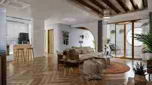 طراحی داخلی نشیمن و آشپزخانه مدرن و مینیمال برای اسکچاپ