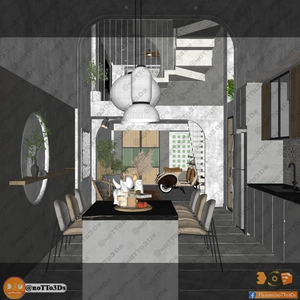 طراحی داخلی نشیمن و آشپزخانه و تراس کوچک برای اسکچاپ